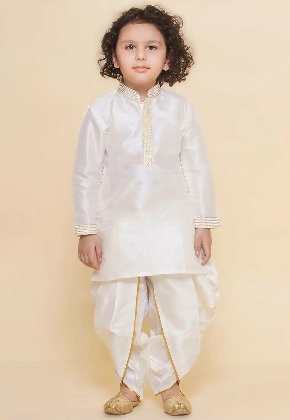 White Dupion Silk Kids Dhoti Kurta 312090
