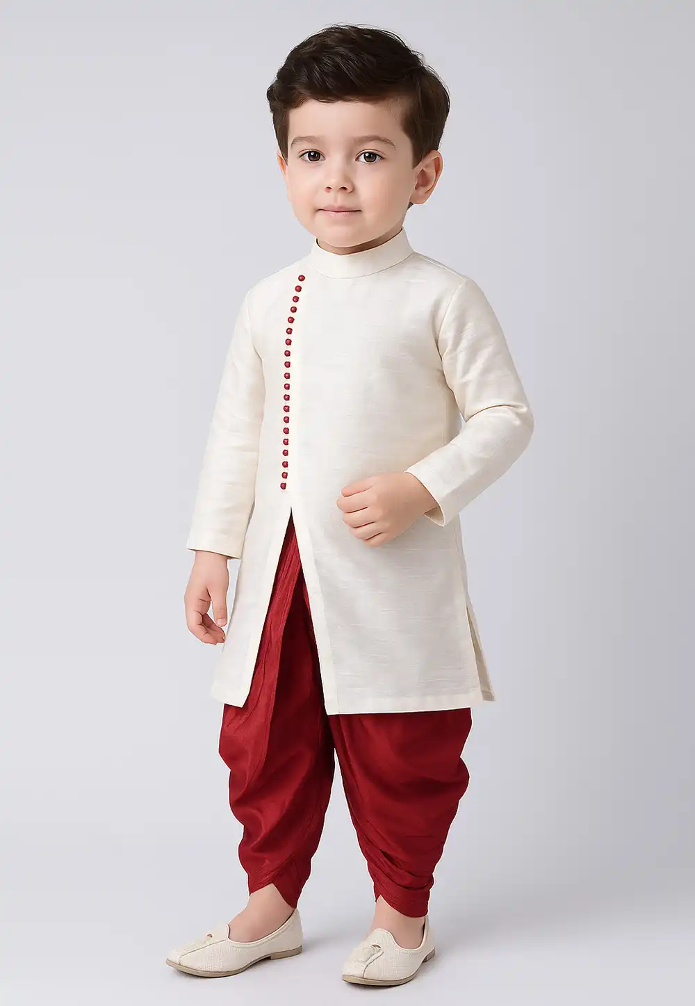 White Dupion Silk Kids Dhoti Kurta 320576