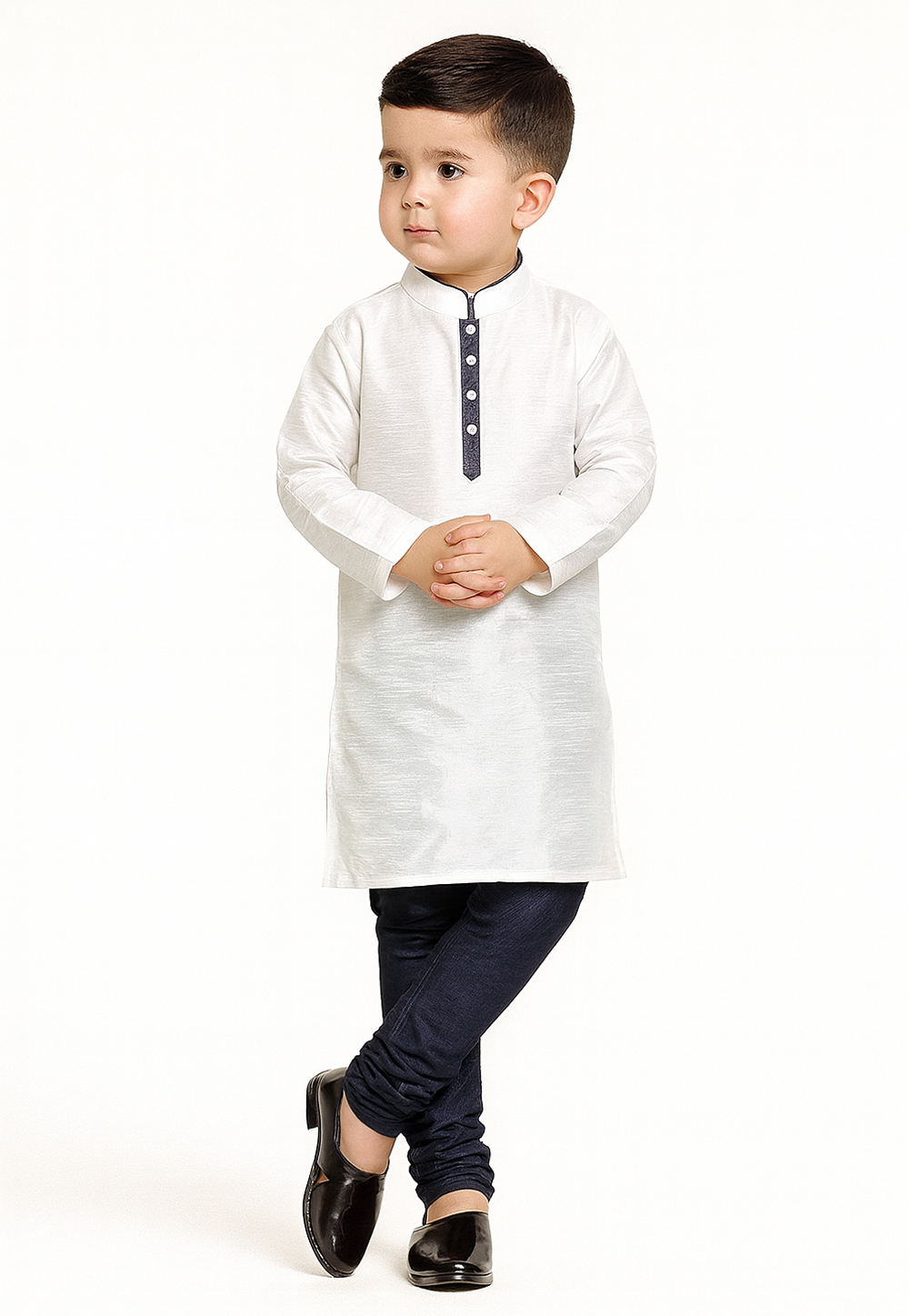 White Dupion Silk Kids Kurta Pajama 320850