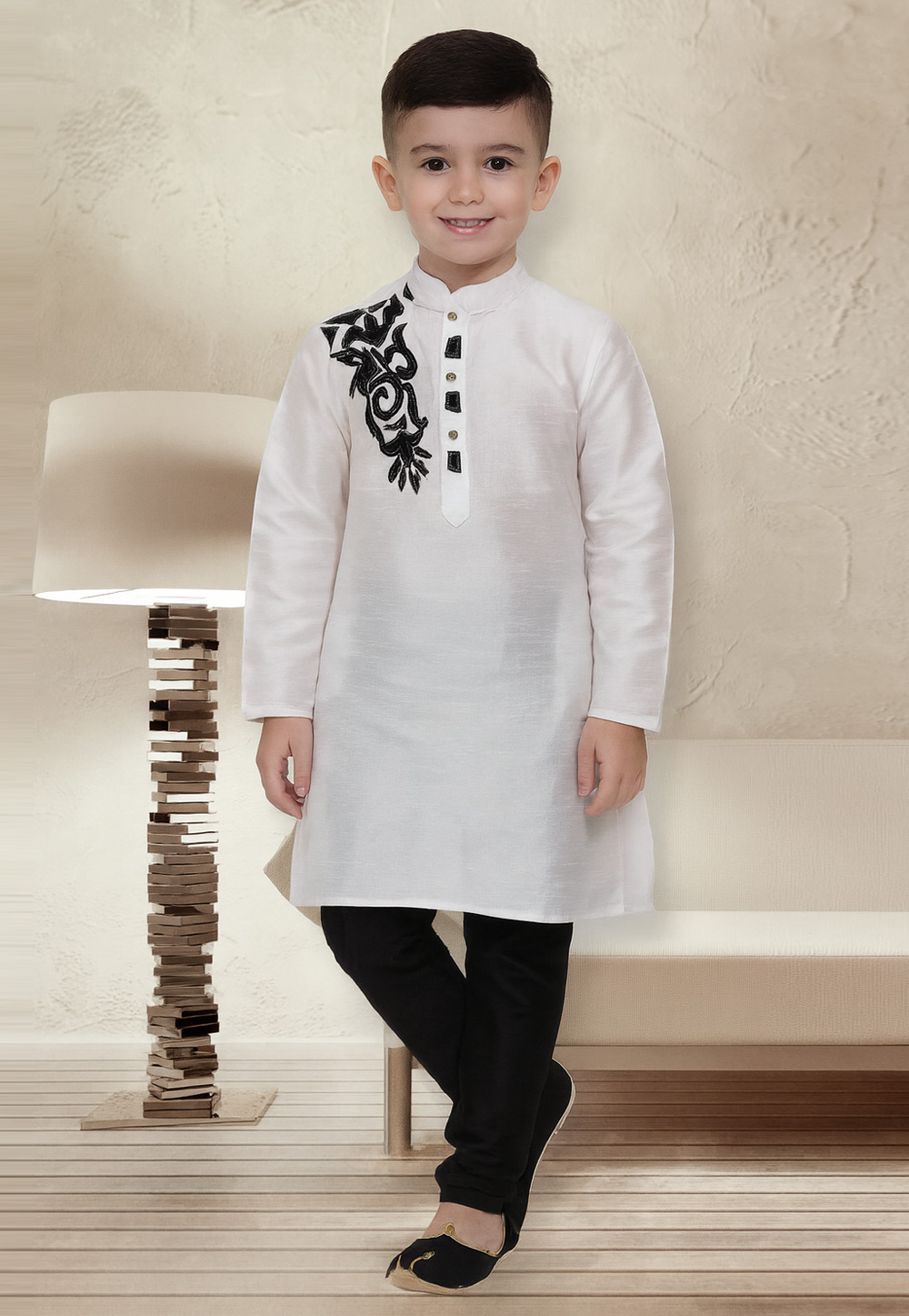White Dupion Silk Kids Kurta Pajama 320786