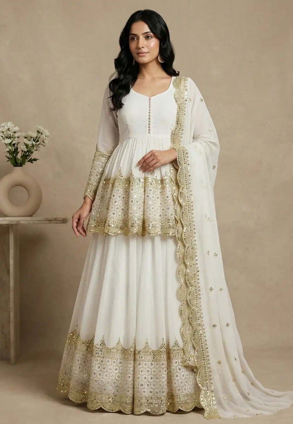 White Faux Georgette Indo Western Lehenga Choli 324159