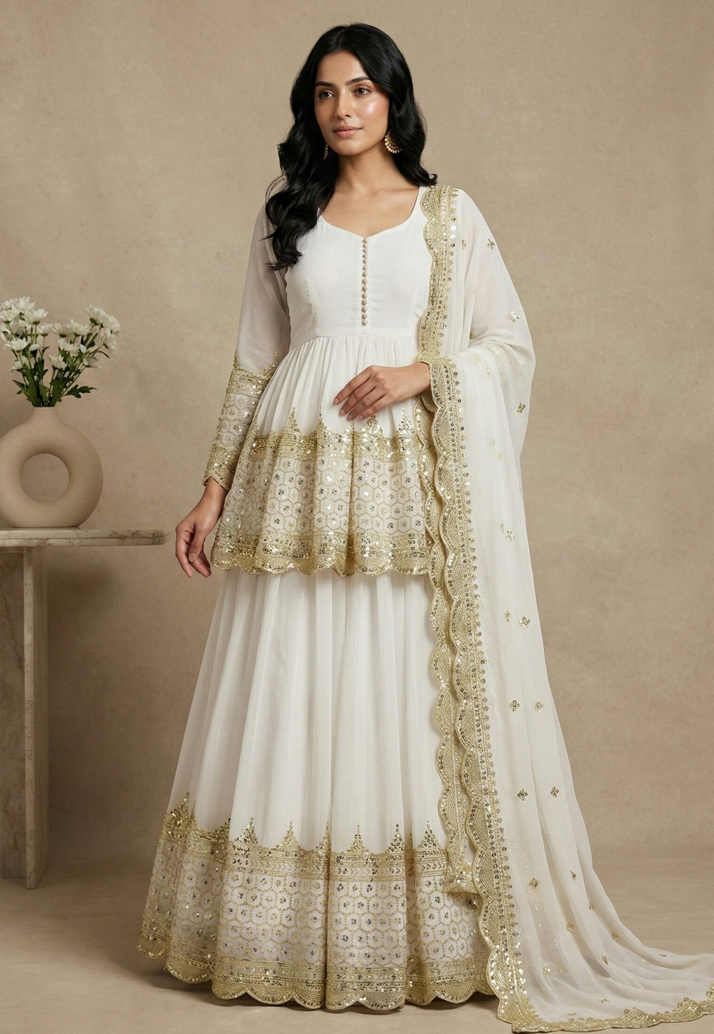 White Faux Georgette Indo Western Lehenga Choli 324159