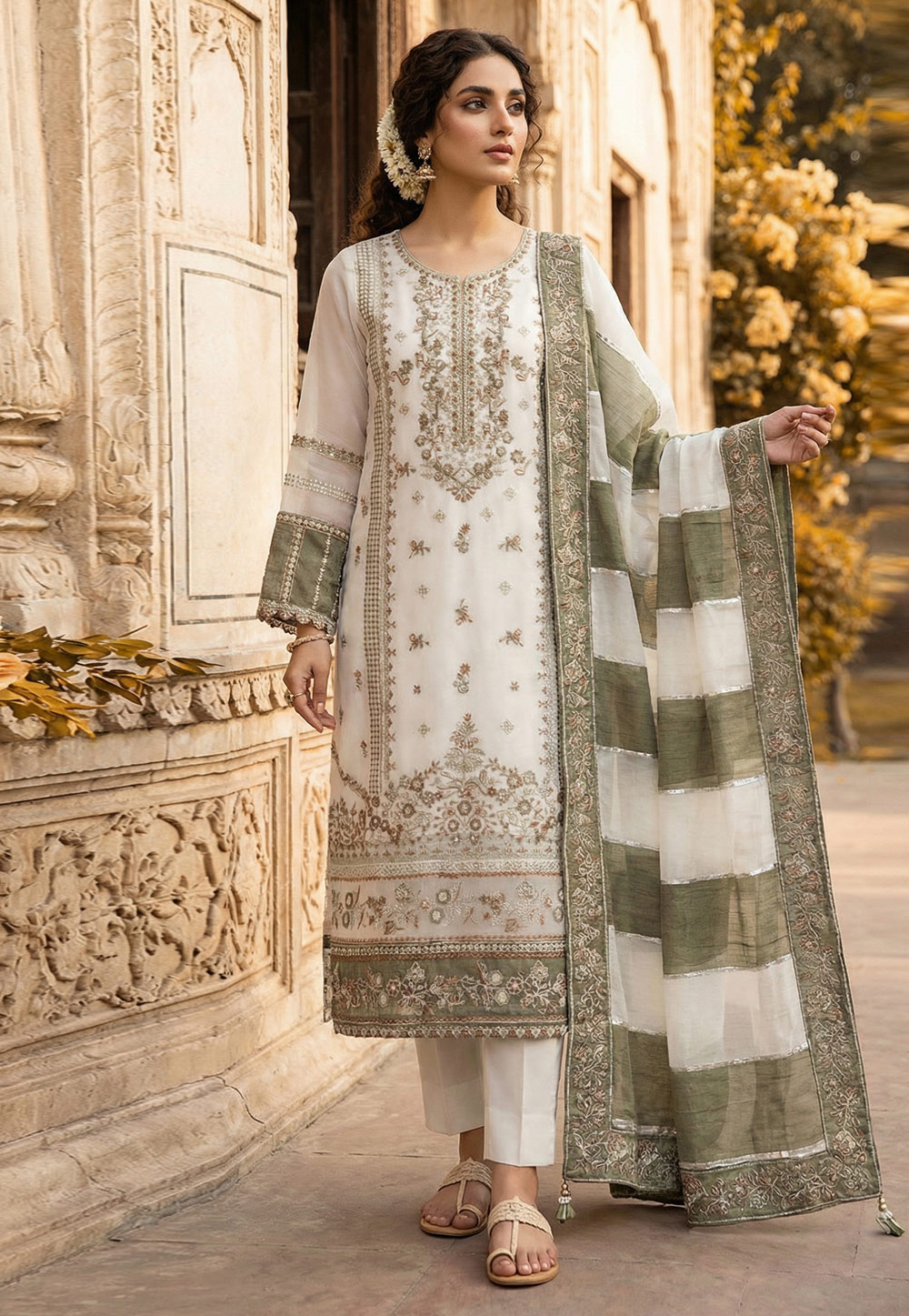 White Faux Georgette Pakistani Suit 327473
