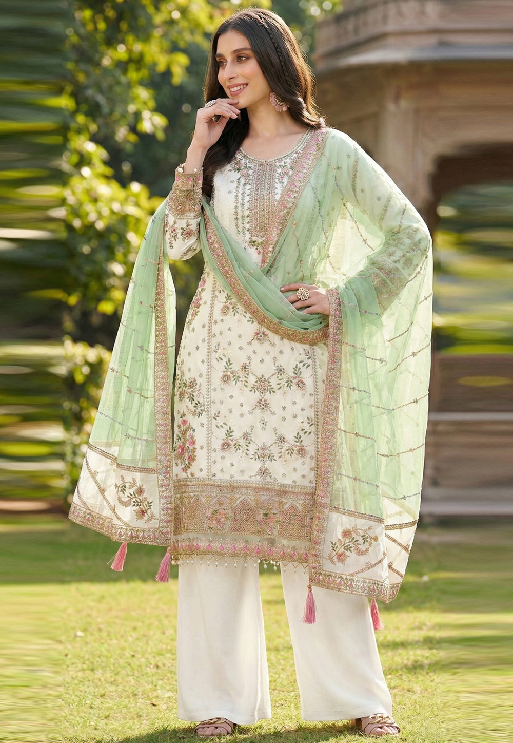 White Faux Georgette Palazzo Suit 323112