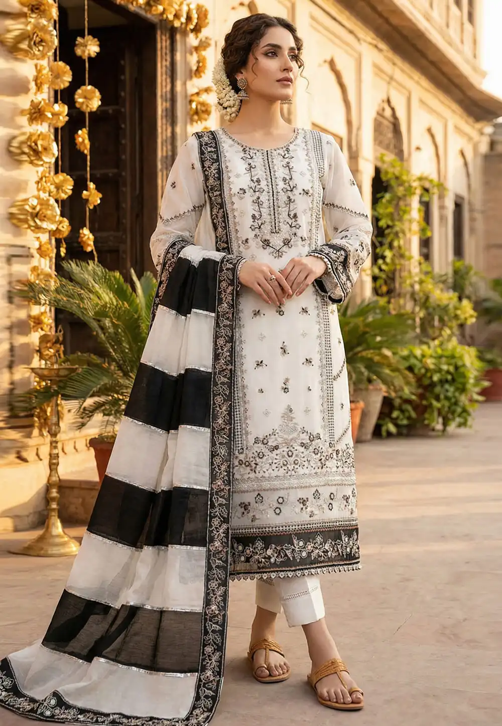 White Faux Georgette Pant Style Suit 327471