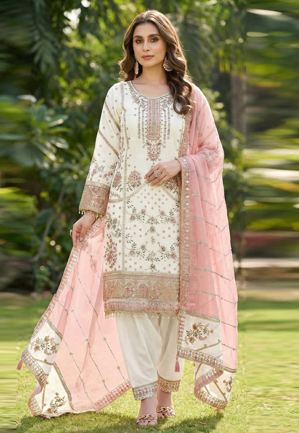 White Faux Georgette Patiala Suit 323113