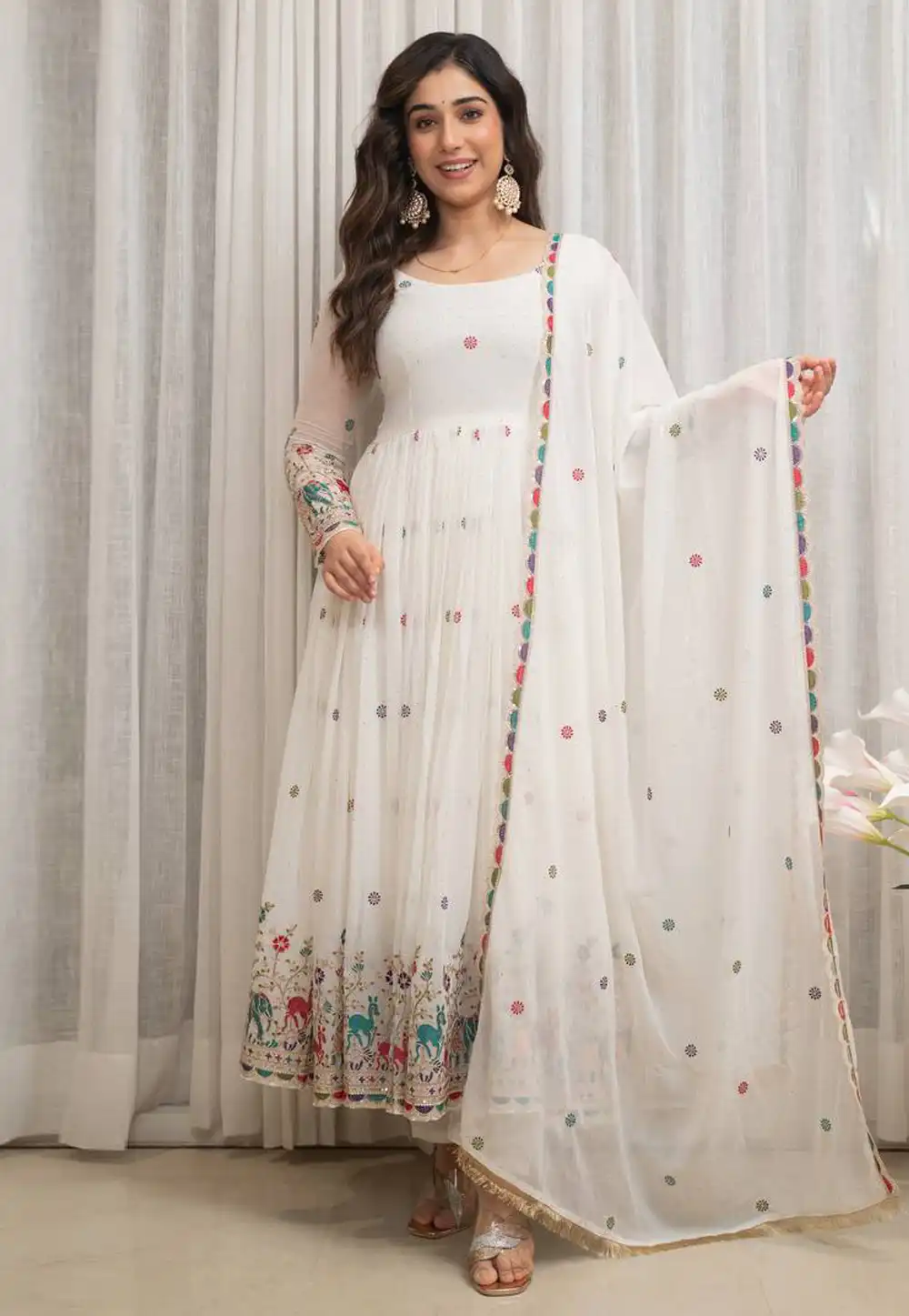 White Faux Georgette Readymade Anarkali Suit 316027
