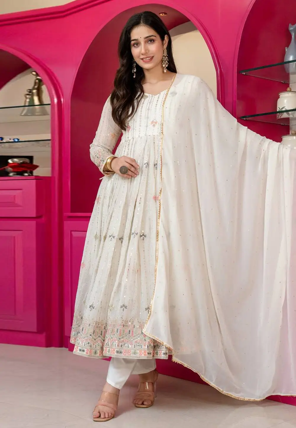 White Faux Georgette Readymade Anarkali Suit 336834