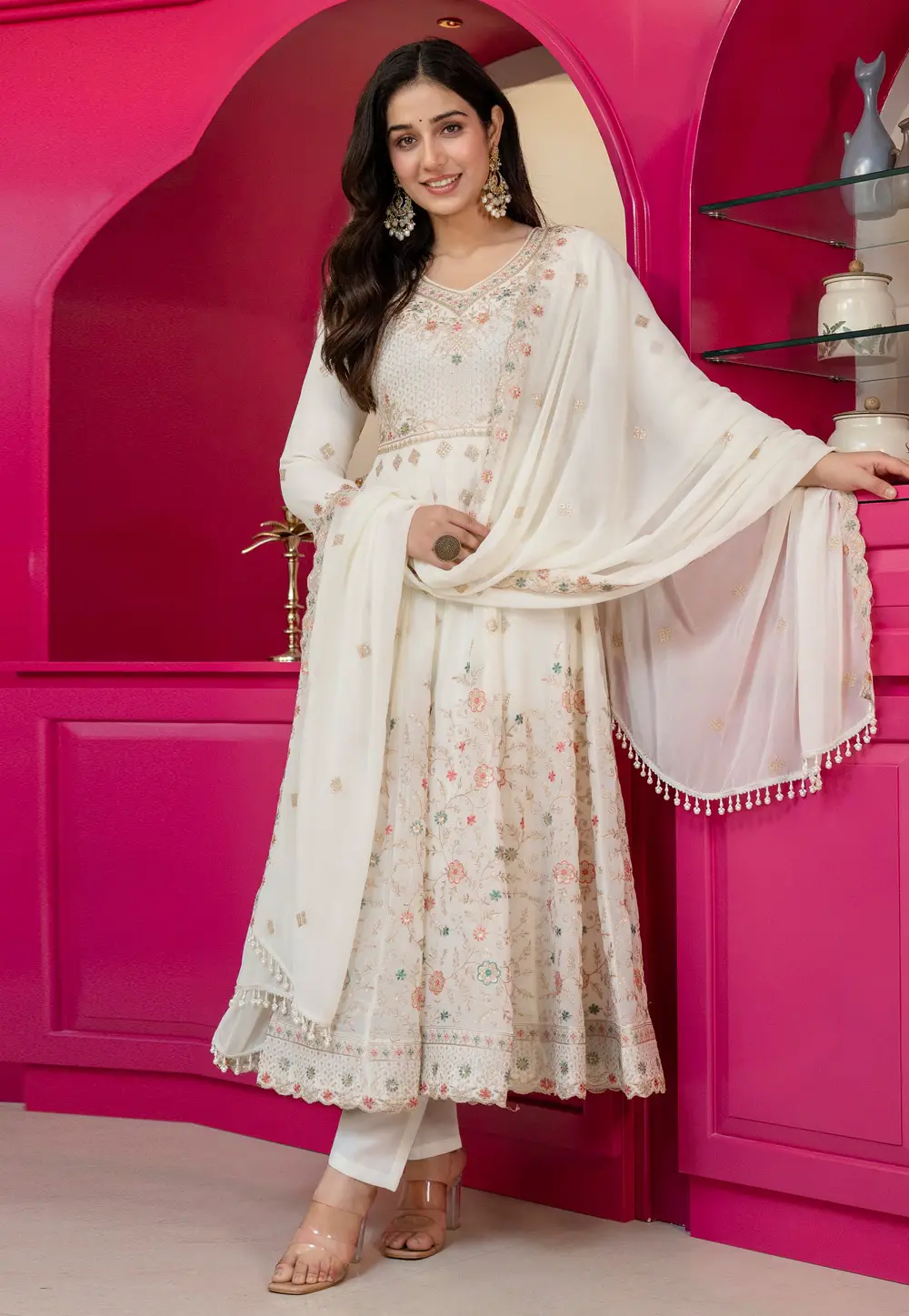 White Faux Georgette Readymade Anarkali Suit 337177