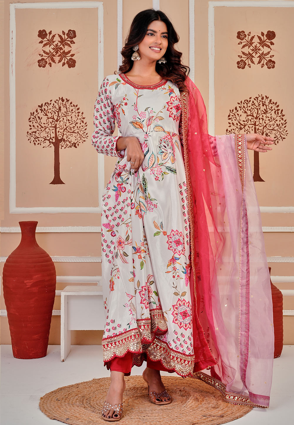 White Chinon Readymade Anarkali Suit 322228