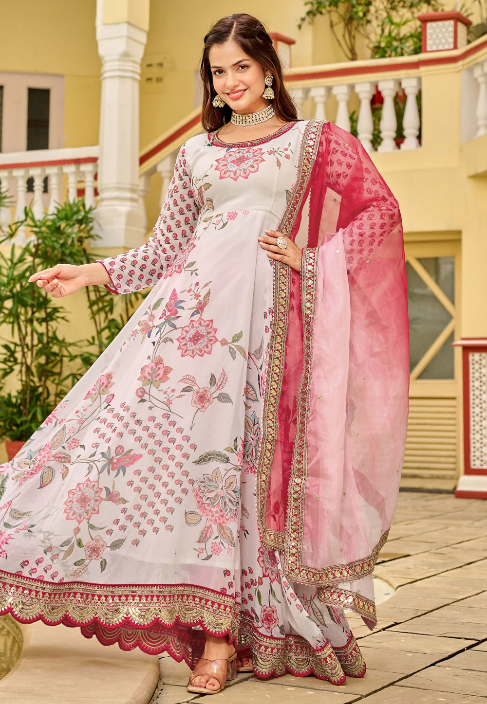 White Faux Georgette Readymade Anarkali Suit 322228