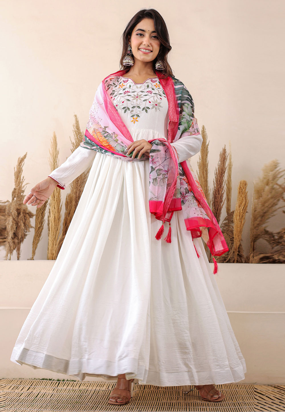 White Faux Georgette Readymade Anarkali Suit 312124