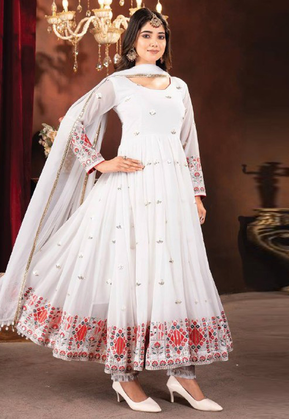 White Faux Georgette Readymade Long Anarkali Suit 308734