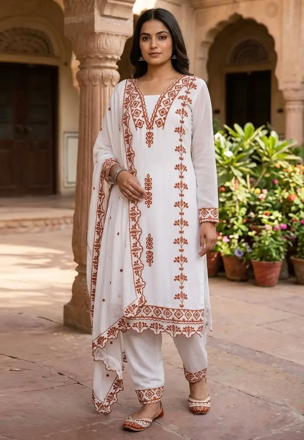 White Faux Georgette Readymade Pakistani Suit 328614