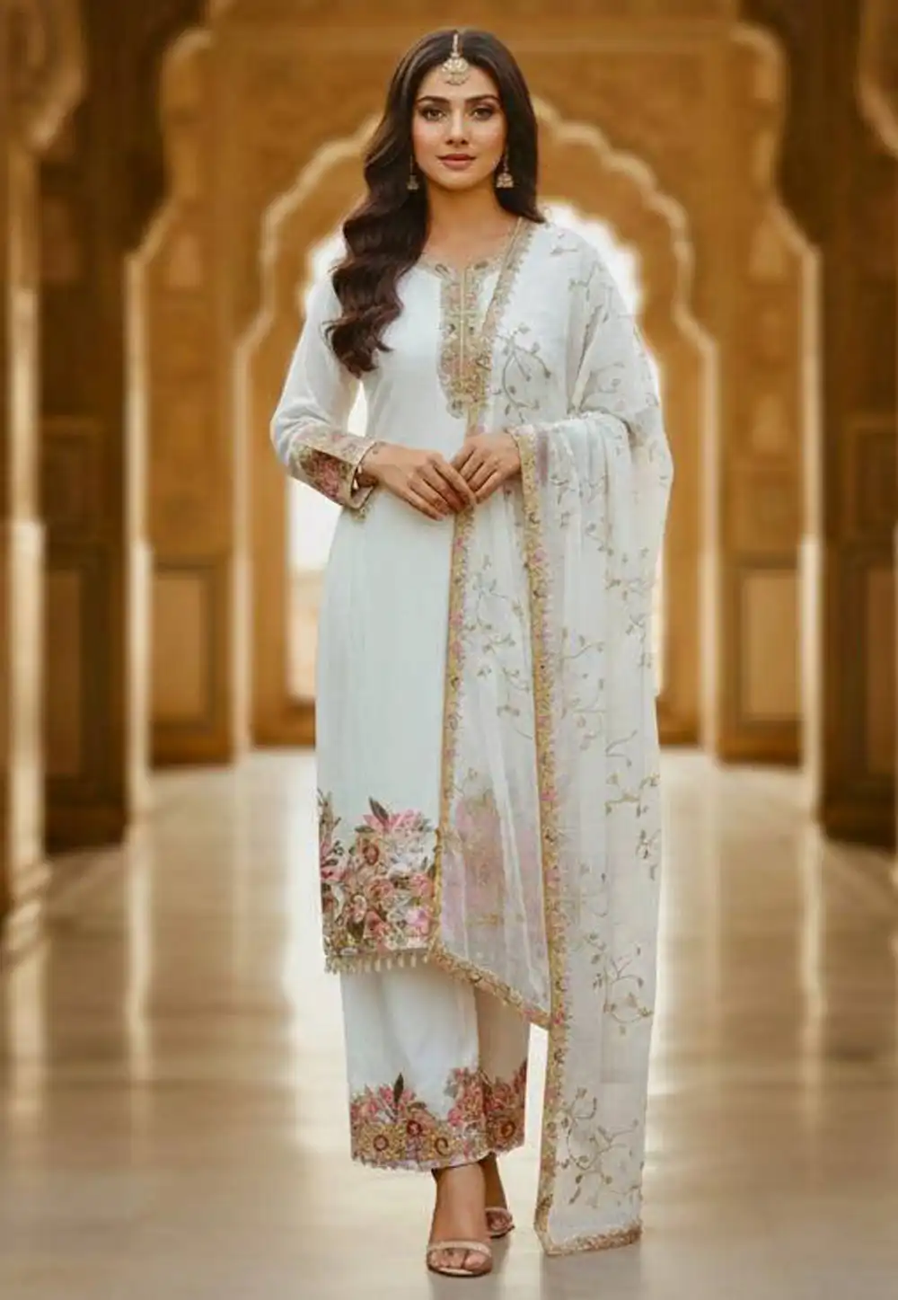 White Faux Georgette Readymade Palazzo Suit 326957