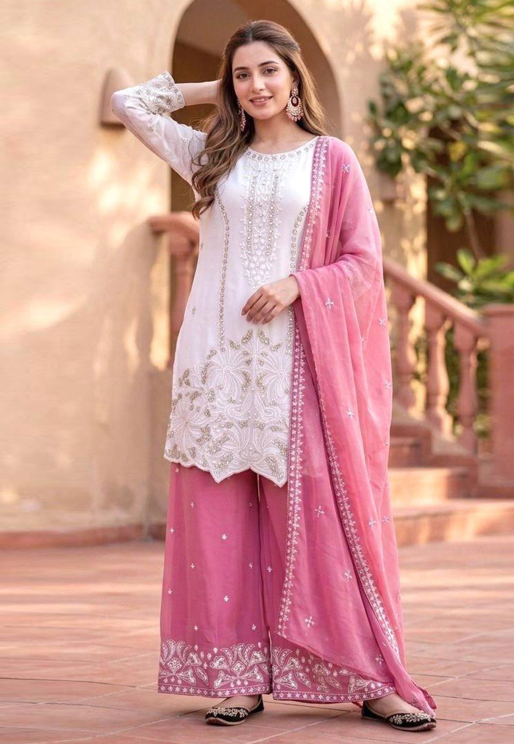White Faux Georgette Readymade Palazzo Suit 329606