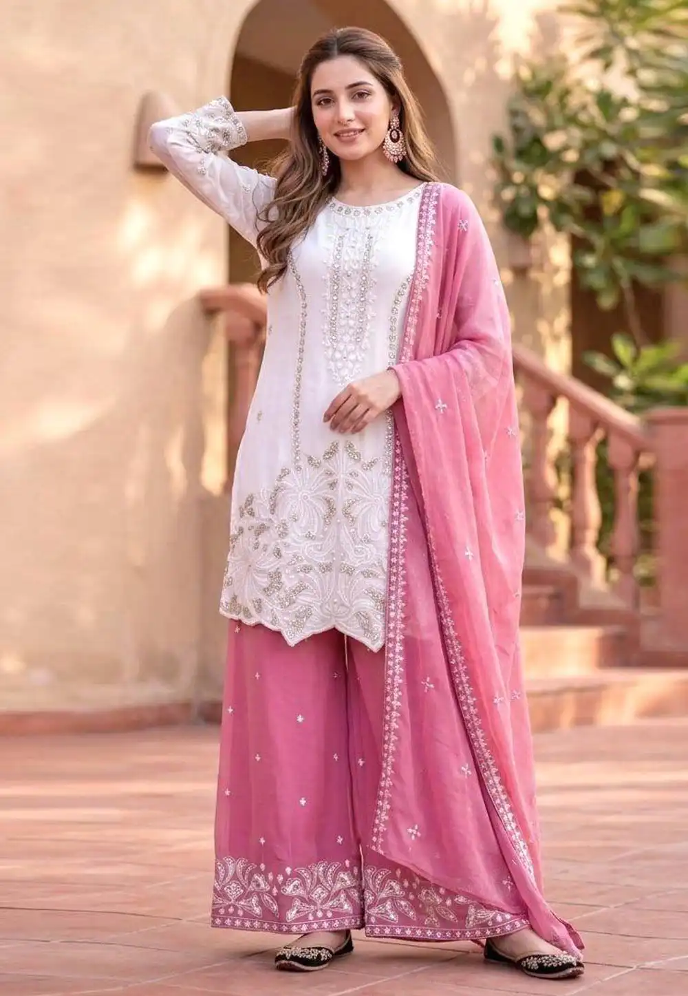 White Faux Georgette Readymade Palazzo Suit 329606