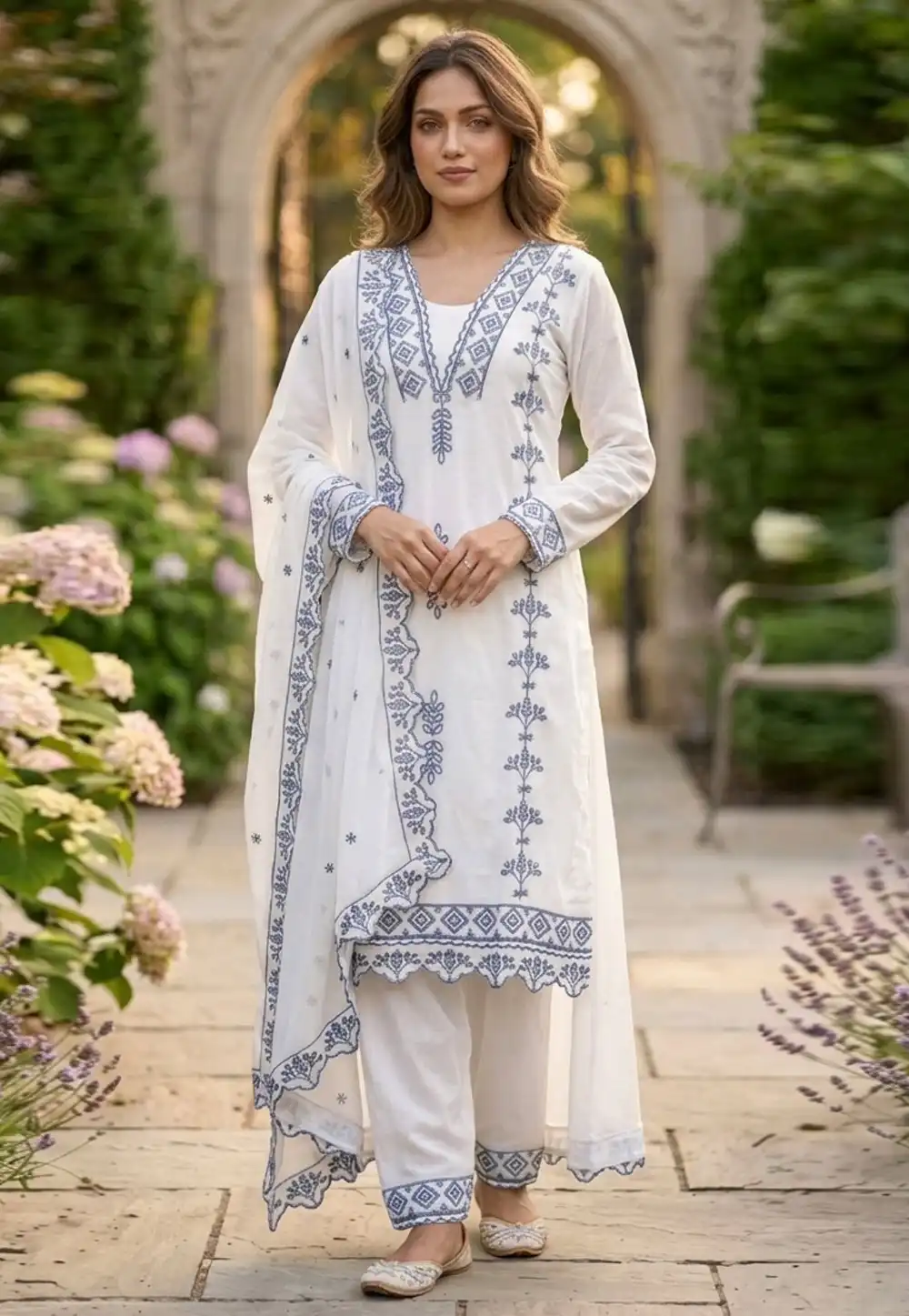 White Faux Georgette Readymade Pant Style Suit 328613
