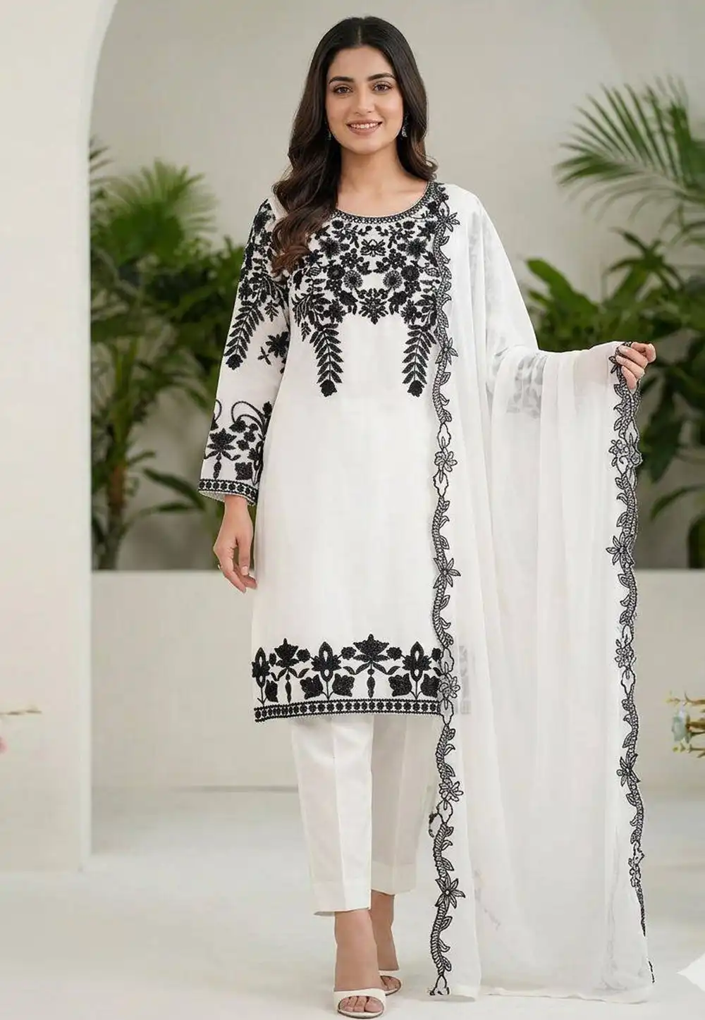 White Faux Georgette Readymade Pant Style Suit 329819