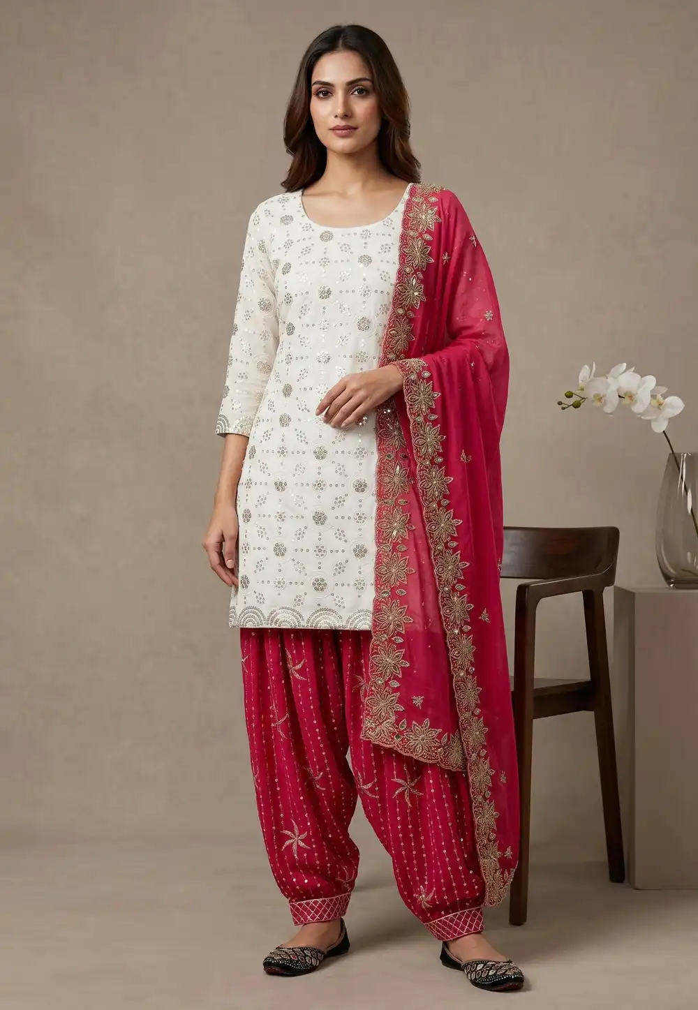 White Faux Georgette Readymade Patiala Suit 330683