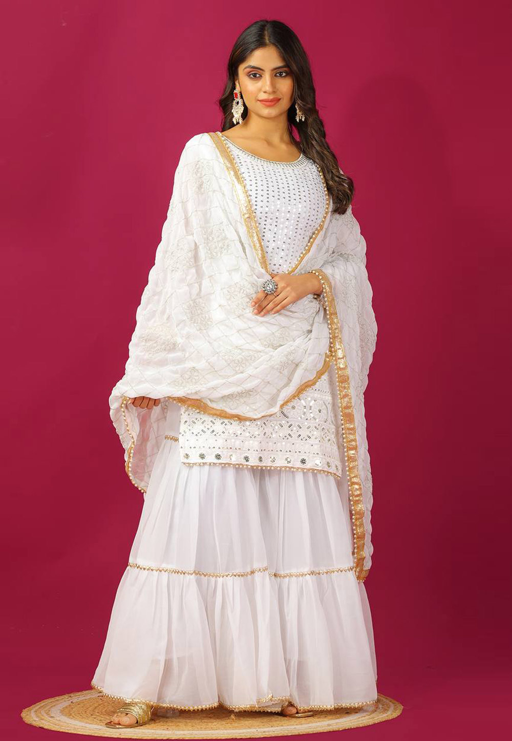 White Faux Georgette Readymade Sharara Suit 307304