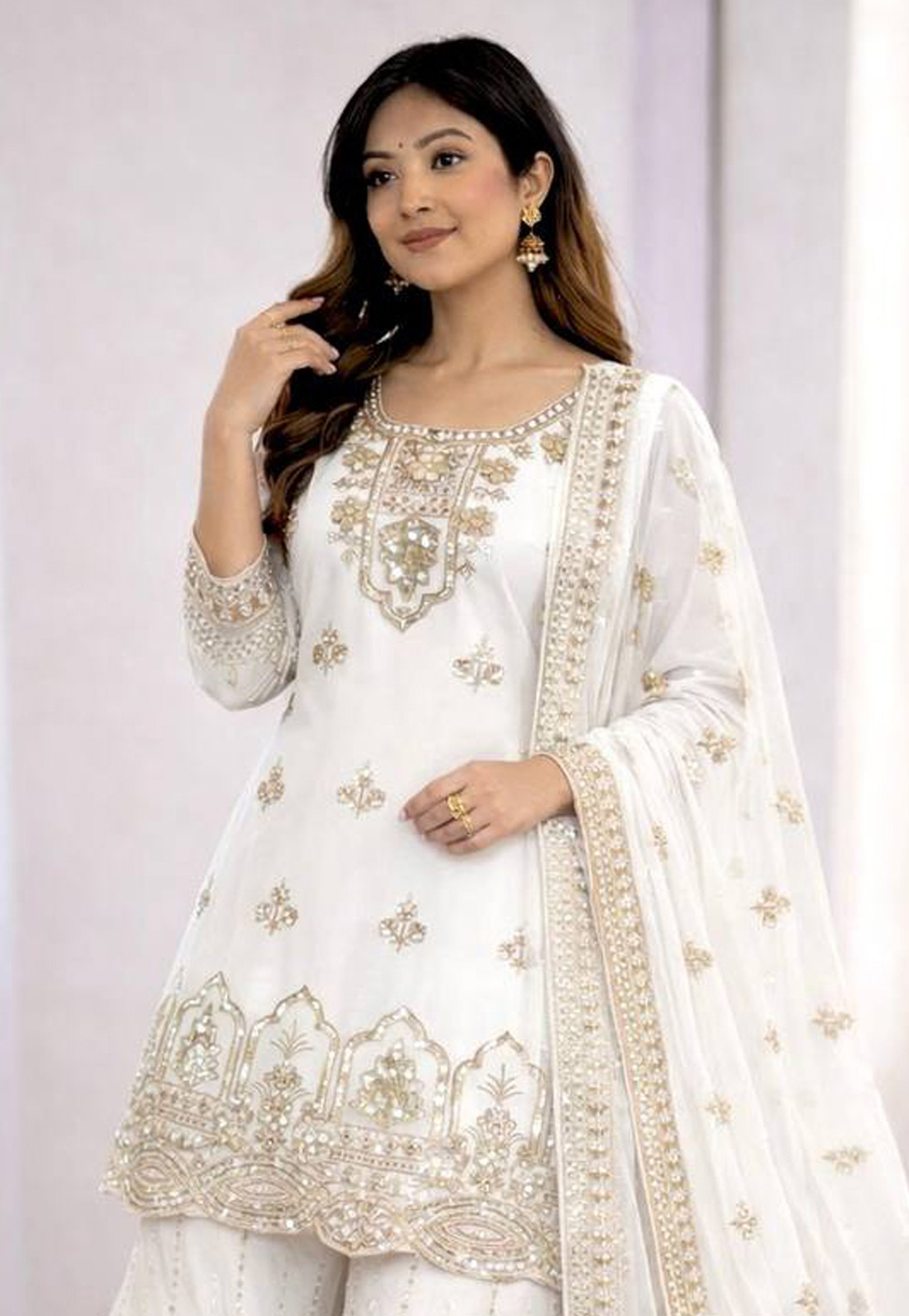 green emerald velvet dress Heaven Classic White Satin Sharara Suit with Intricate Embroidery & Matching Dupatta Elegant Occasion Wear White / S / 7 Days