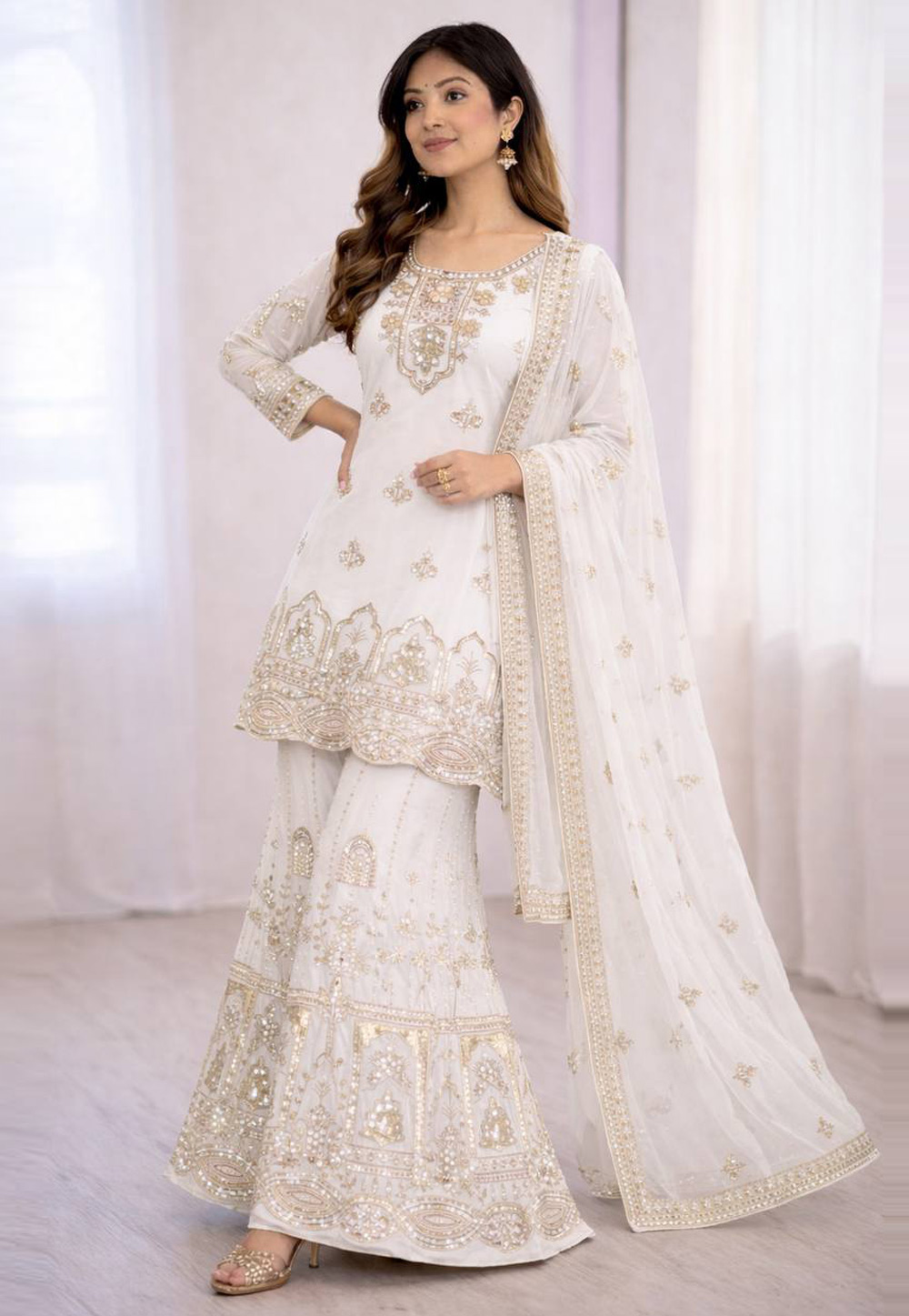White Faux Georgette Readymade Sharara Suit 324185