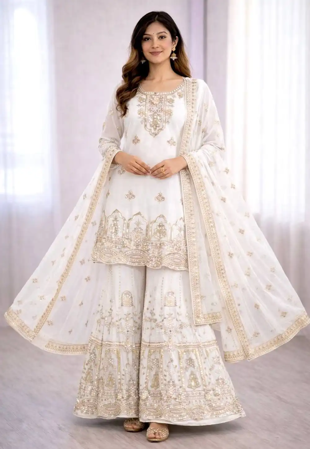 White Faux Georgette Readymade Sharara Suit 324185