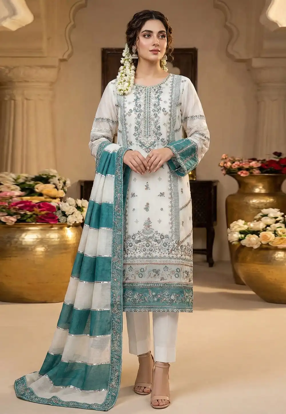 White Faux Georgette Straight Suit 327470
