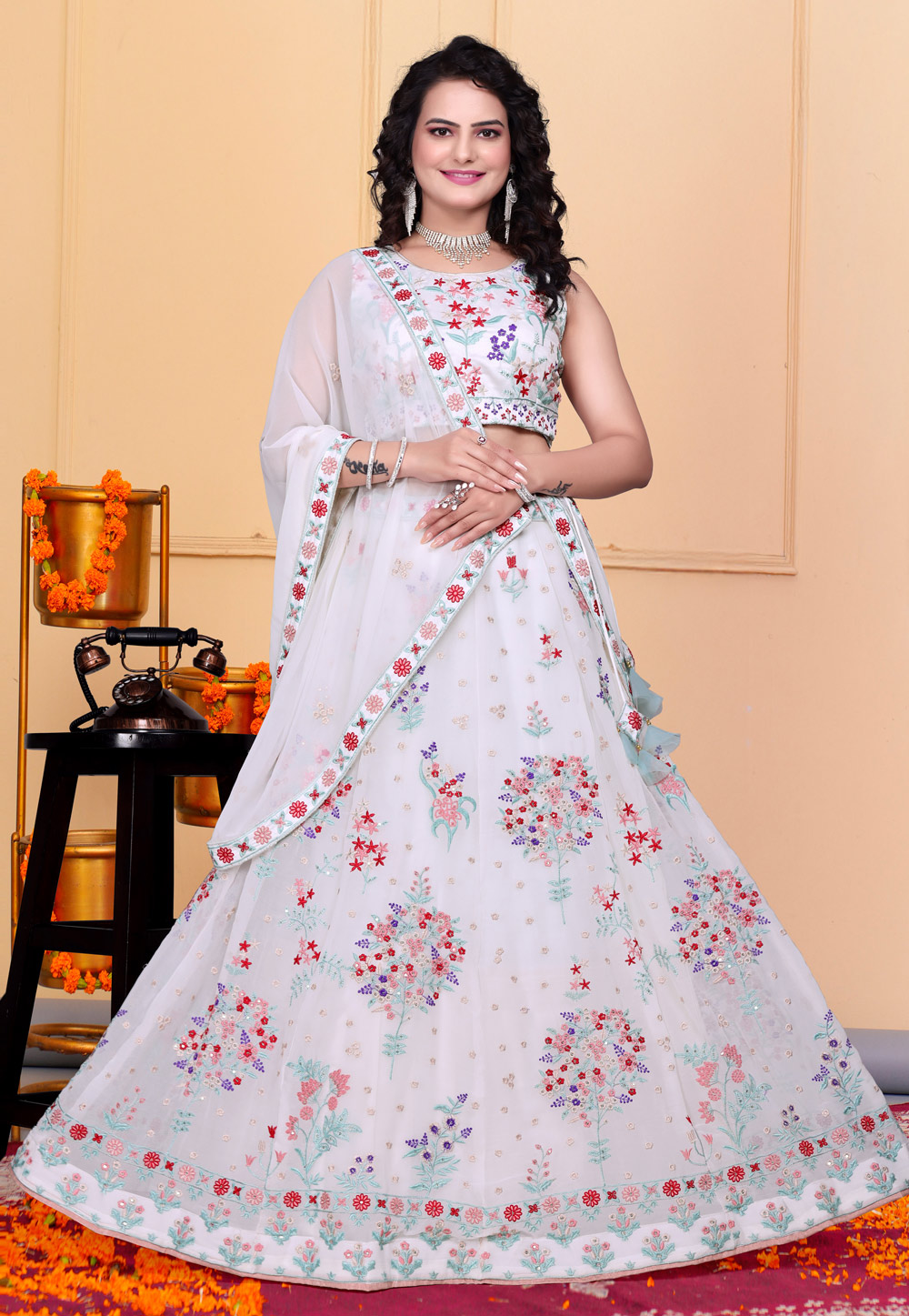 White Georgette A Line Lehenga Choli 308317