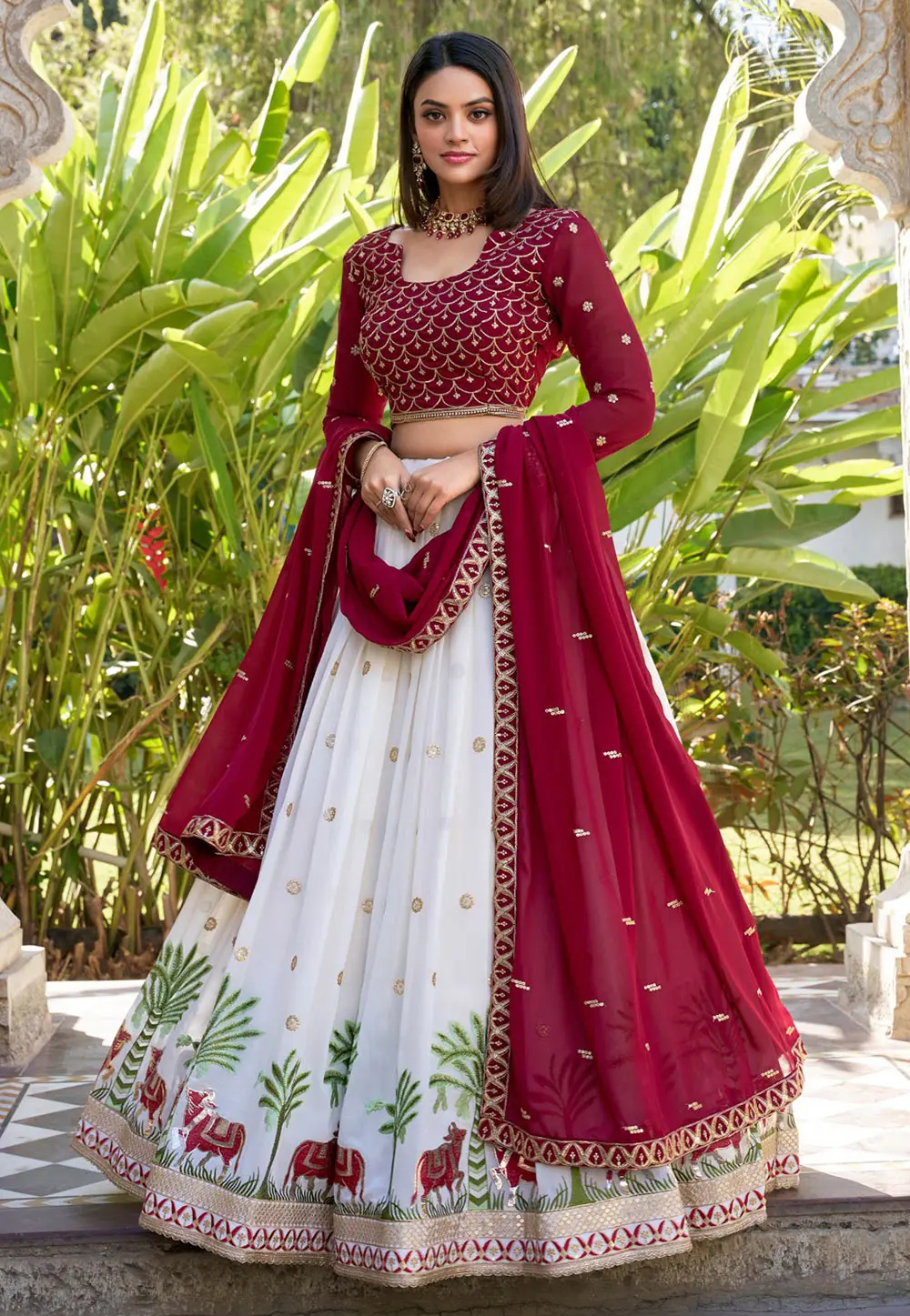 Off White Georgette Circular Lehenga Choli 300616