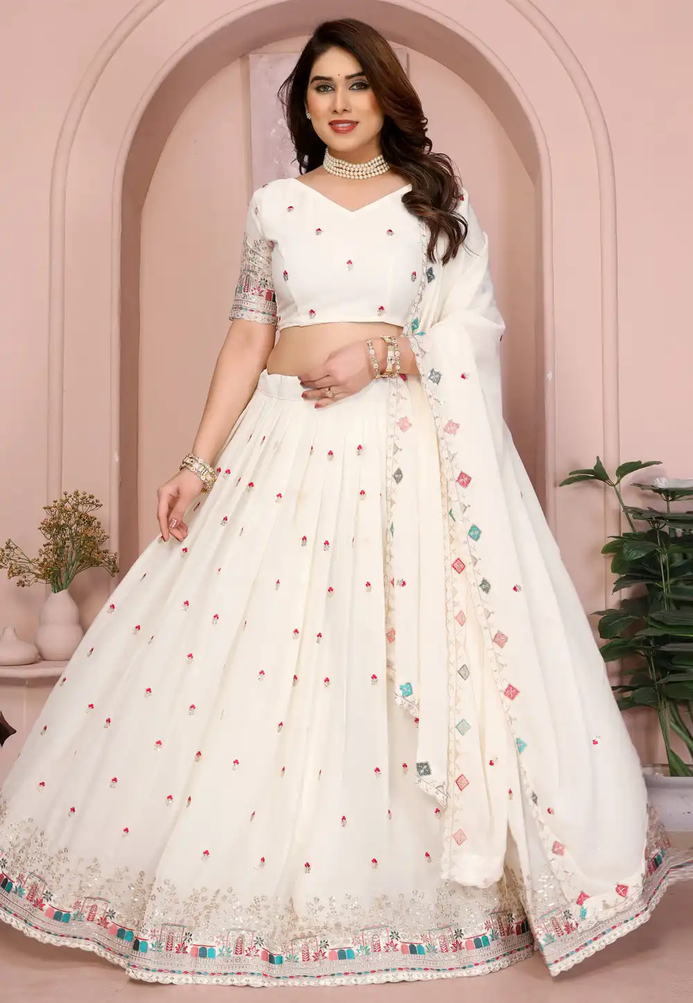 White Georgette Circular Lehenga Choli 314914