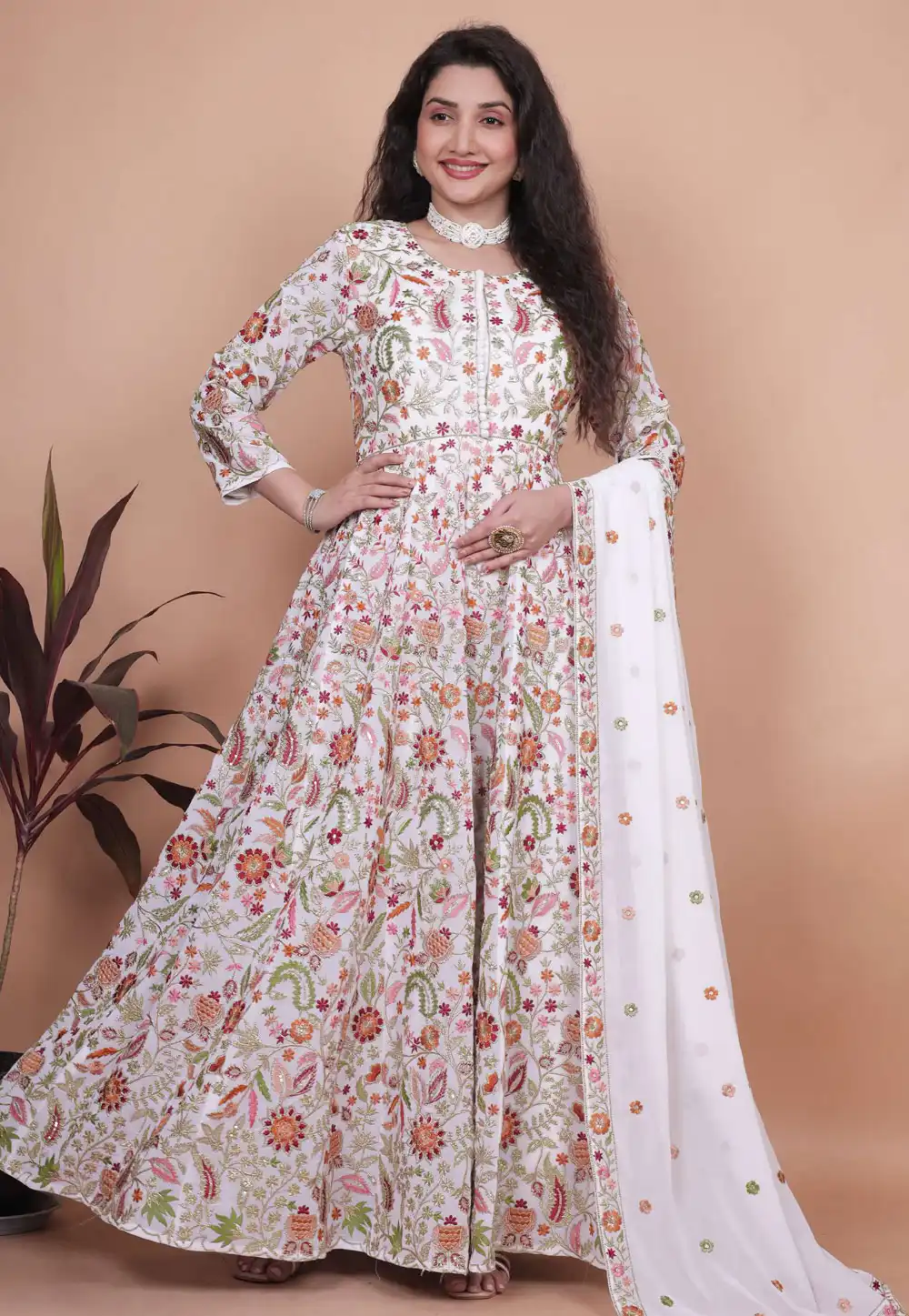 White Georgette Embroidered Long Anarkali Suit 310751