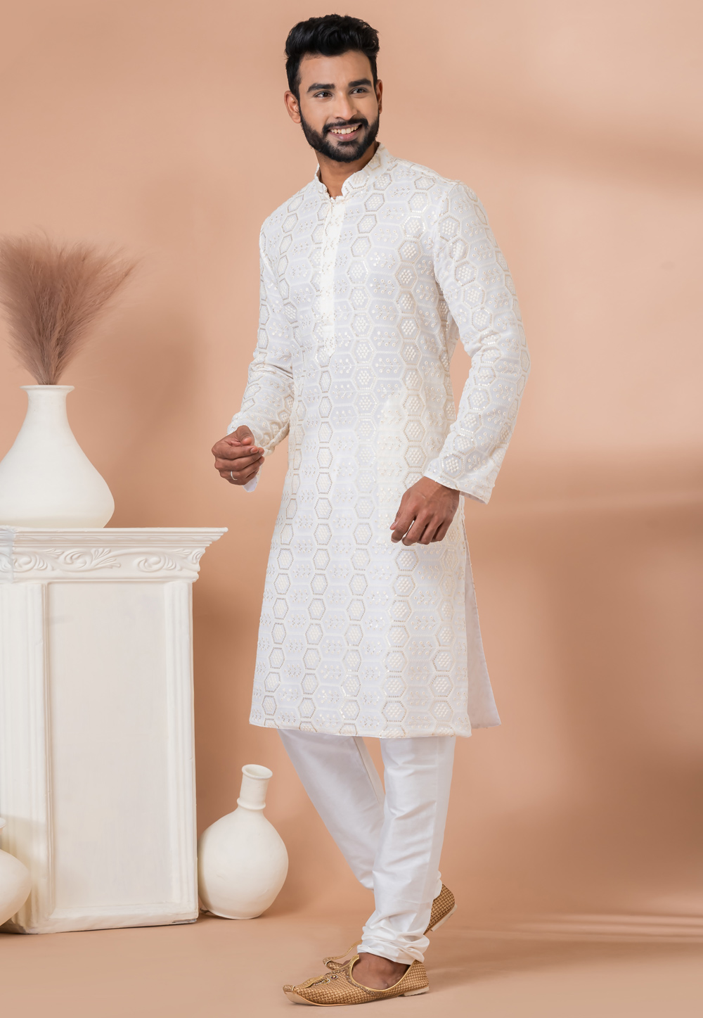 White Georgette Kurta Pajama 281002