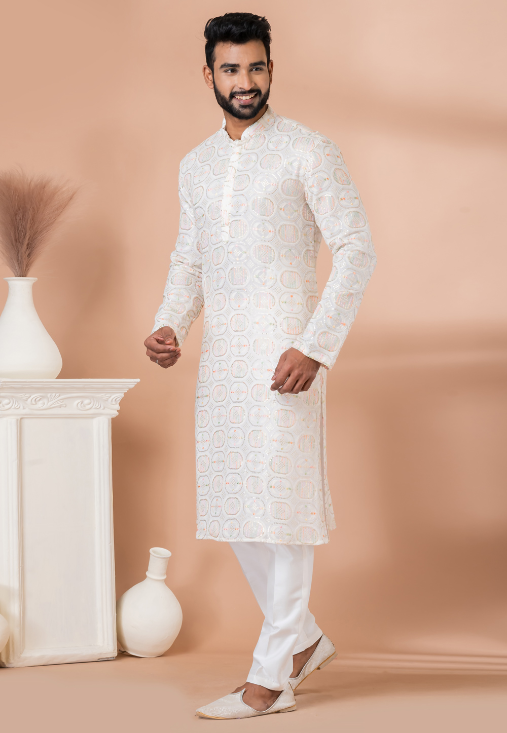 White Georgette Kurta Pajama 281003