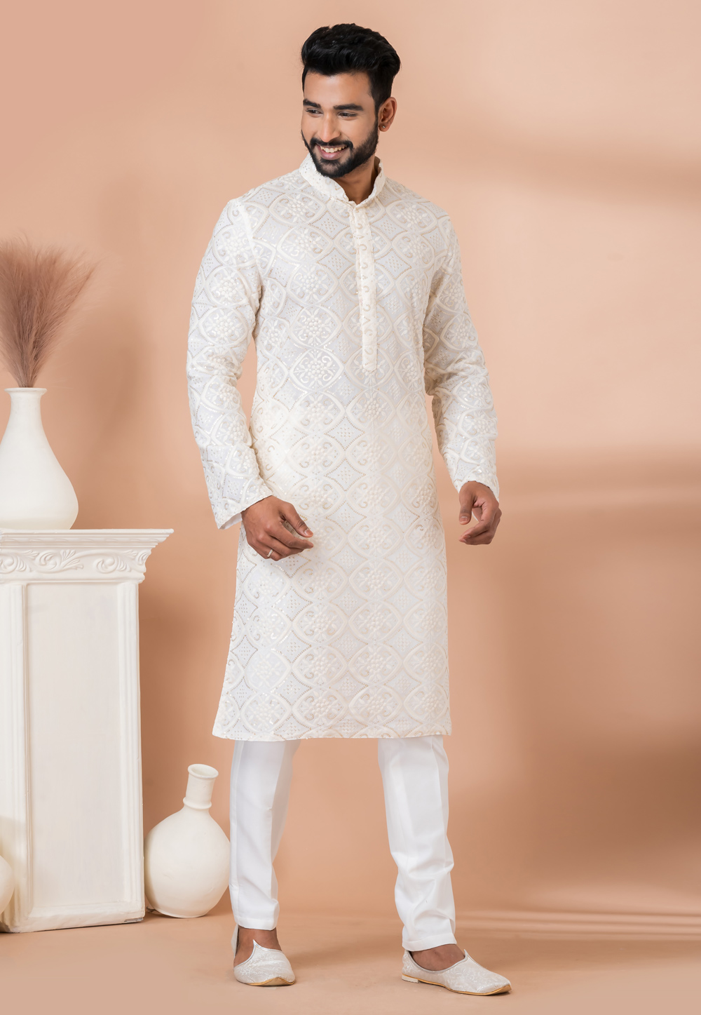 White Georgette Kurta Pajama 281004
