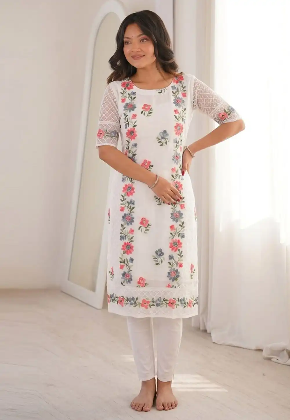 White Georgette Long Kurti 329059