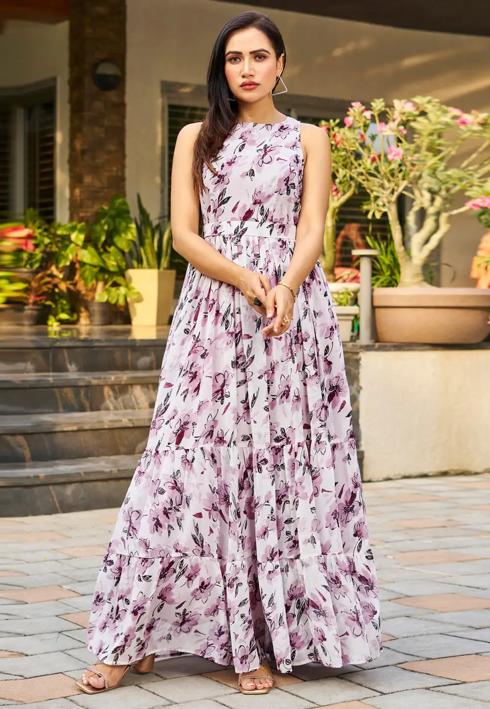 White Georgette Printed Gown 328593