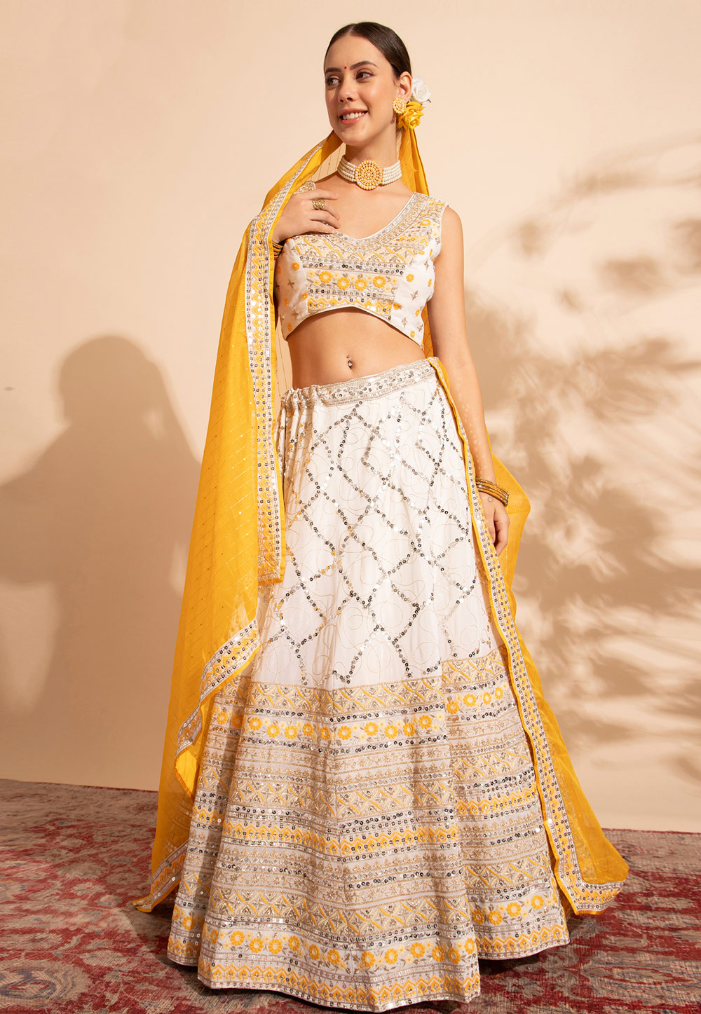 White Georgette Readymade A Line Lehenga Choli 286412