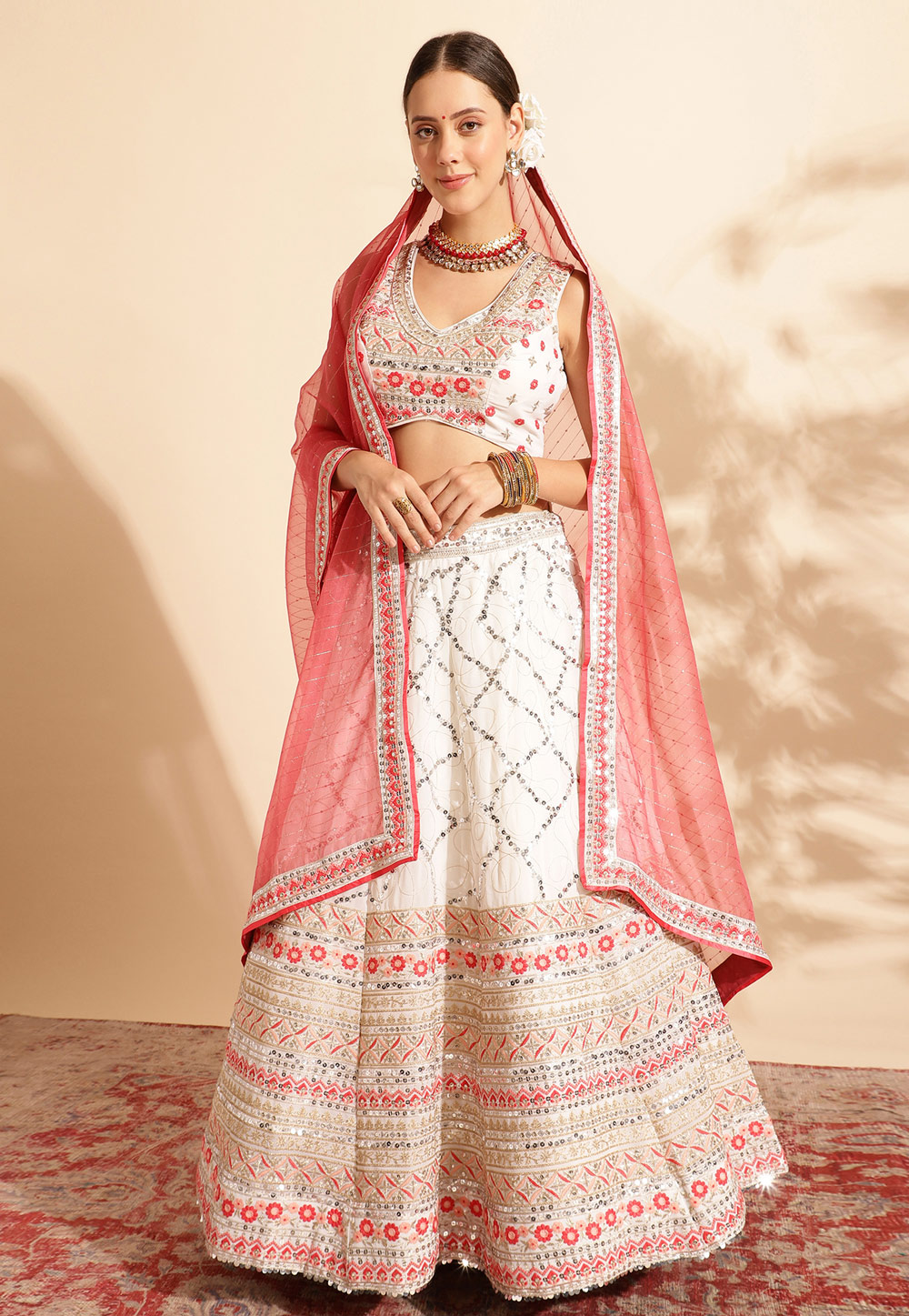 White Georgette Readymade Lehenga Choli 286413