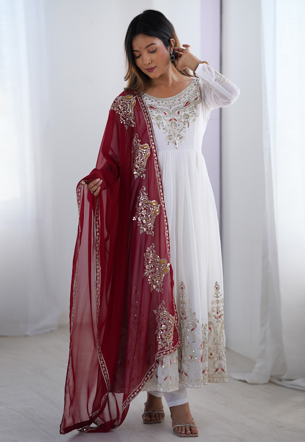 White Georgette Readymade Long Anarkali Suit 312234