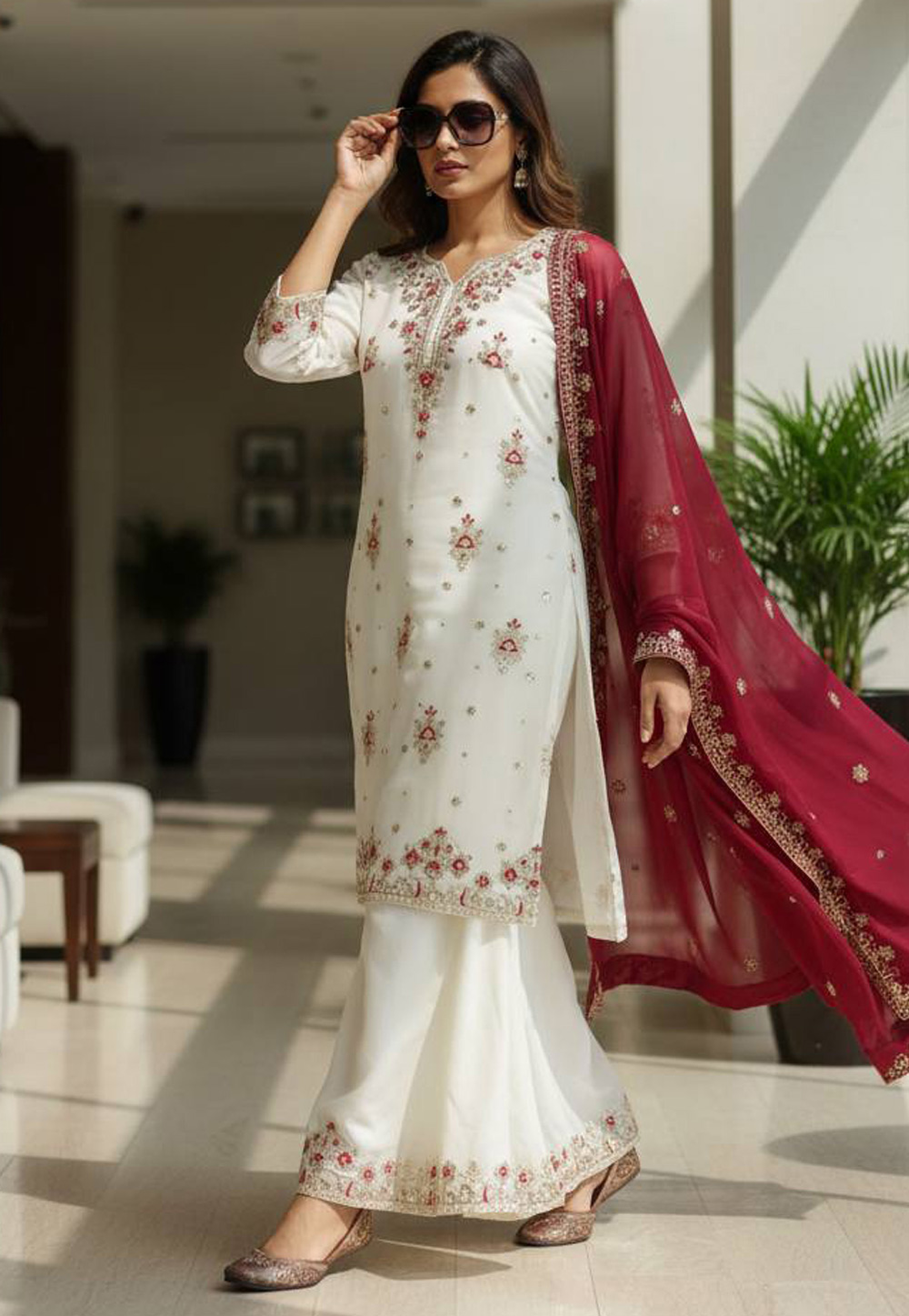White Georgette Readymade Pakistani Suit 329626