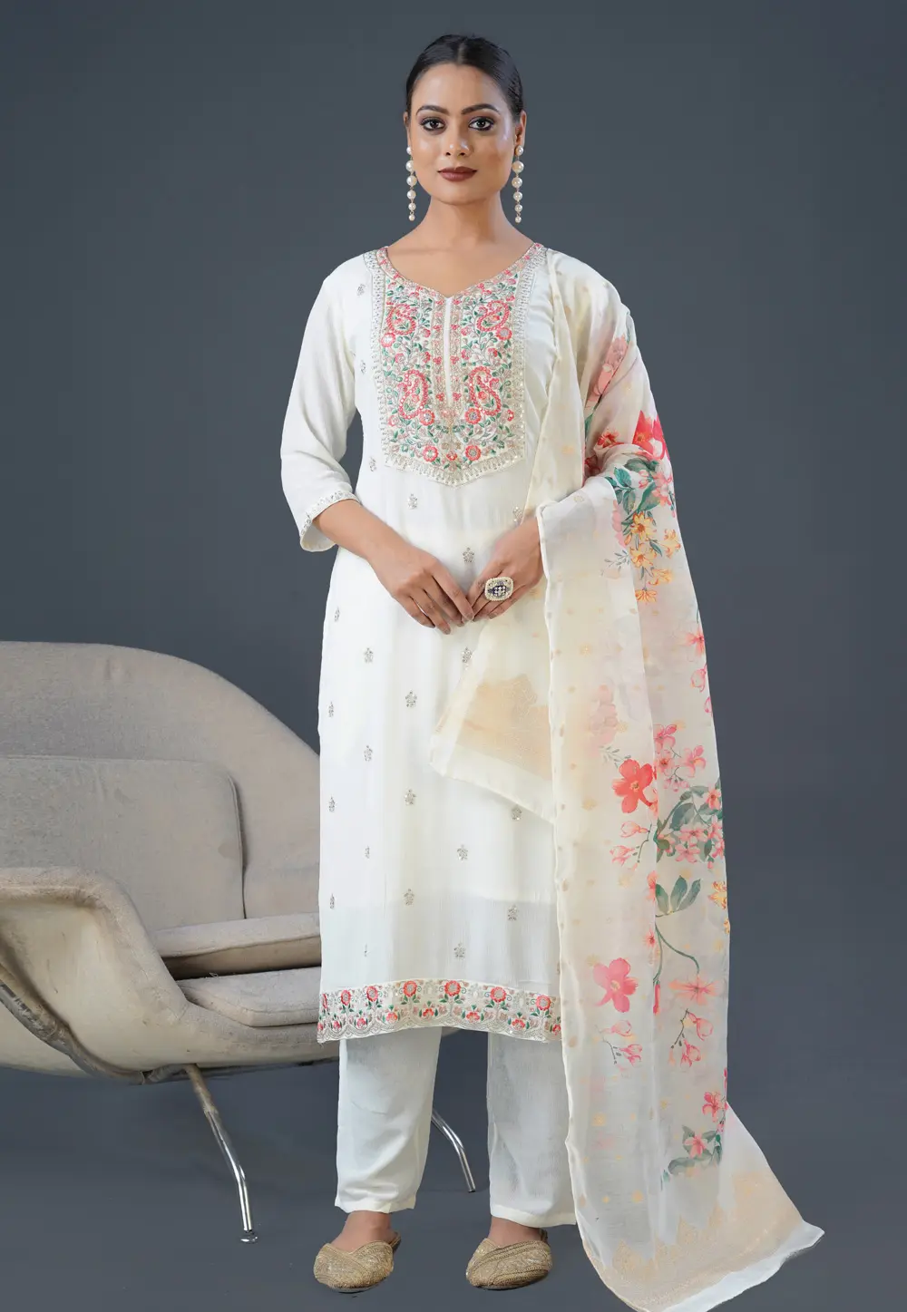 White Georgette Readymade Pant Style Suit 303549