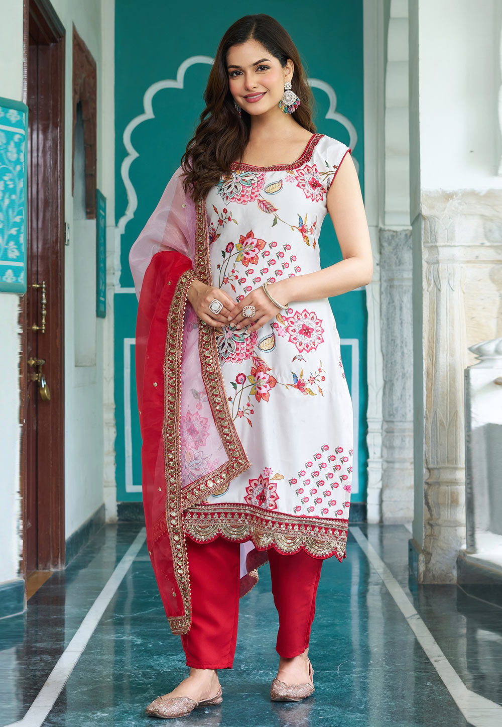 White Georgette Readymade Pant Style Suit 322250