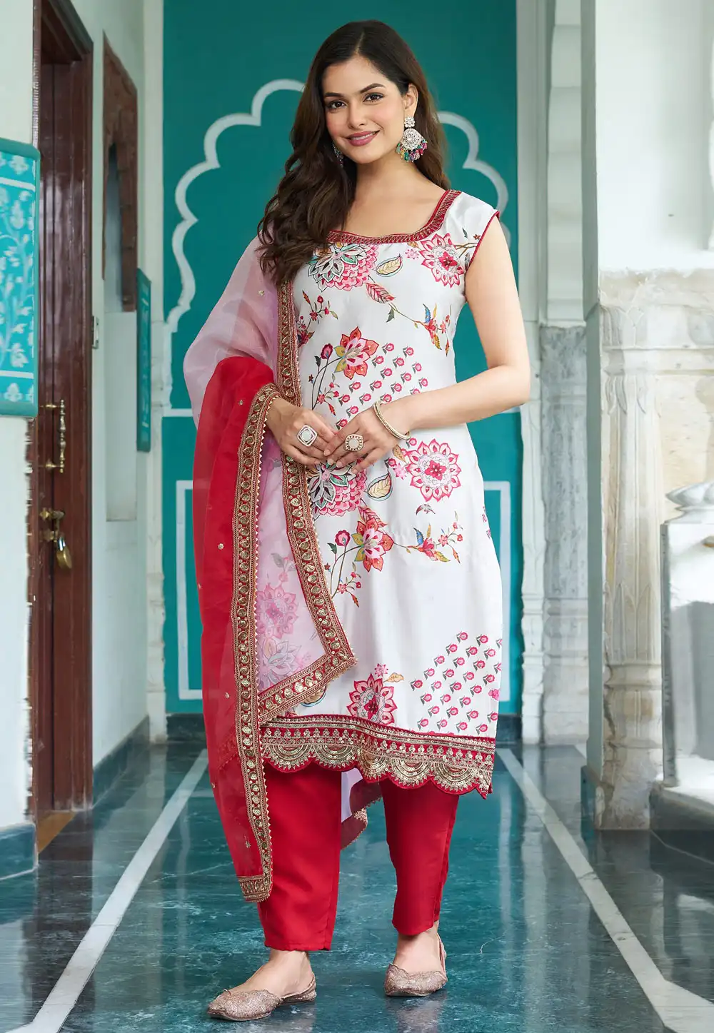 White Georgette Readymade Pant Style Suit 322250