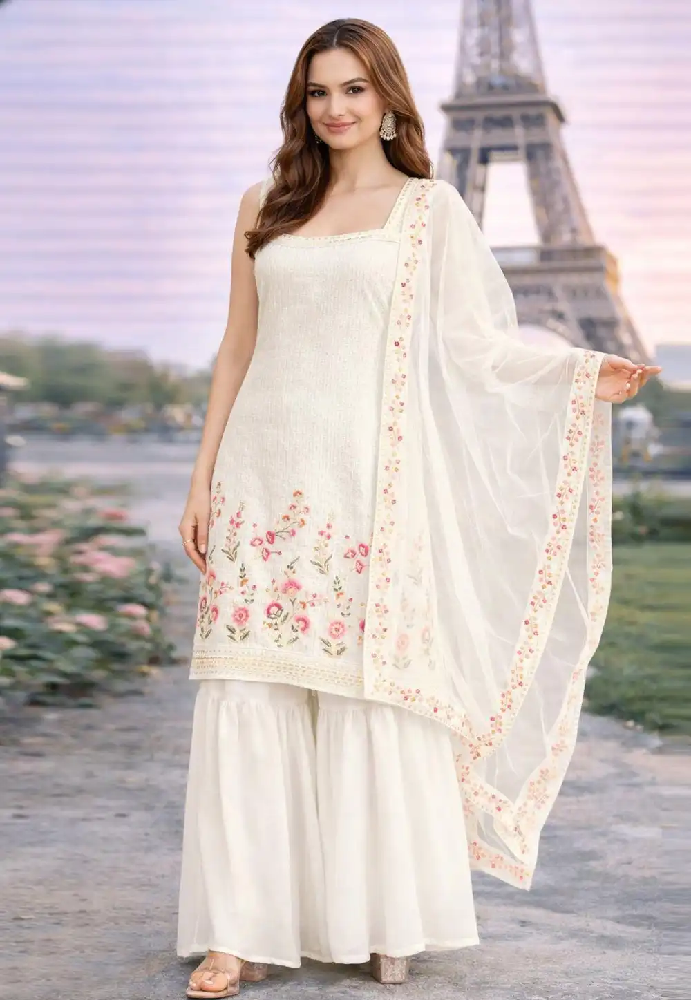 White Georgette Readymade Sharara Suit 327313
