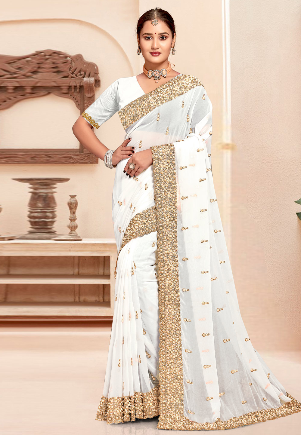 White Georgette Saree With Blouse 307408