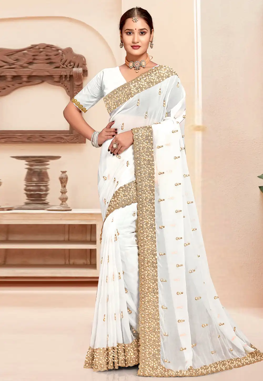 White Georgette Saree With Blouse 307408