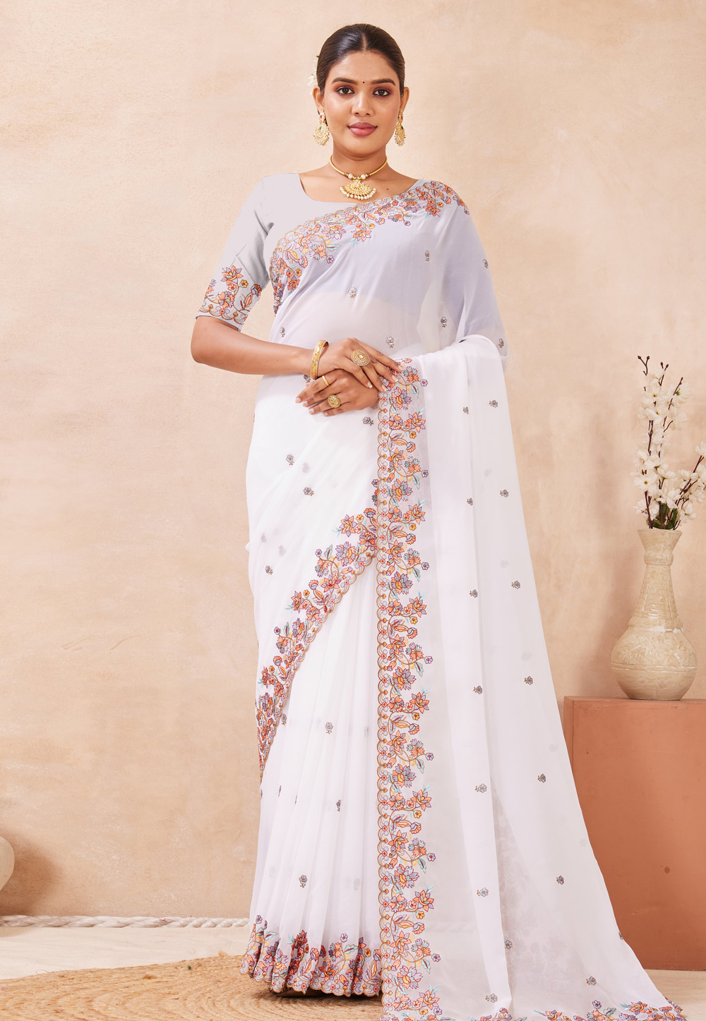 White Georgette Saree With Blouse 320013