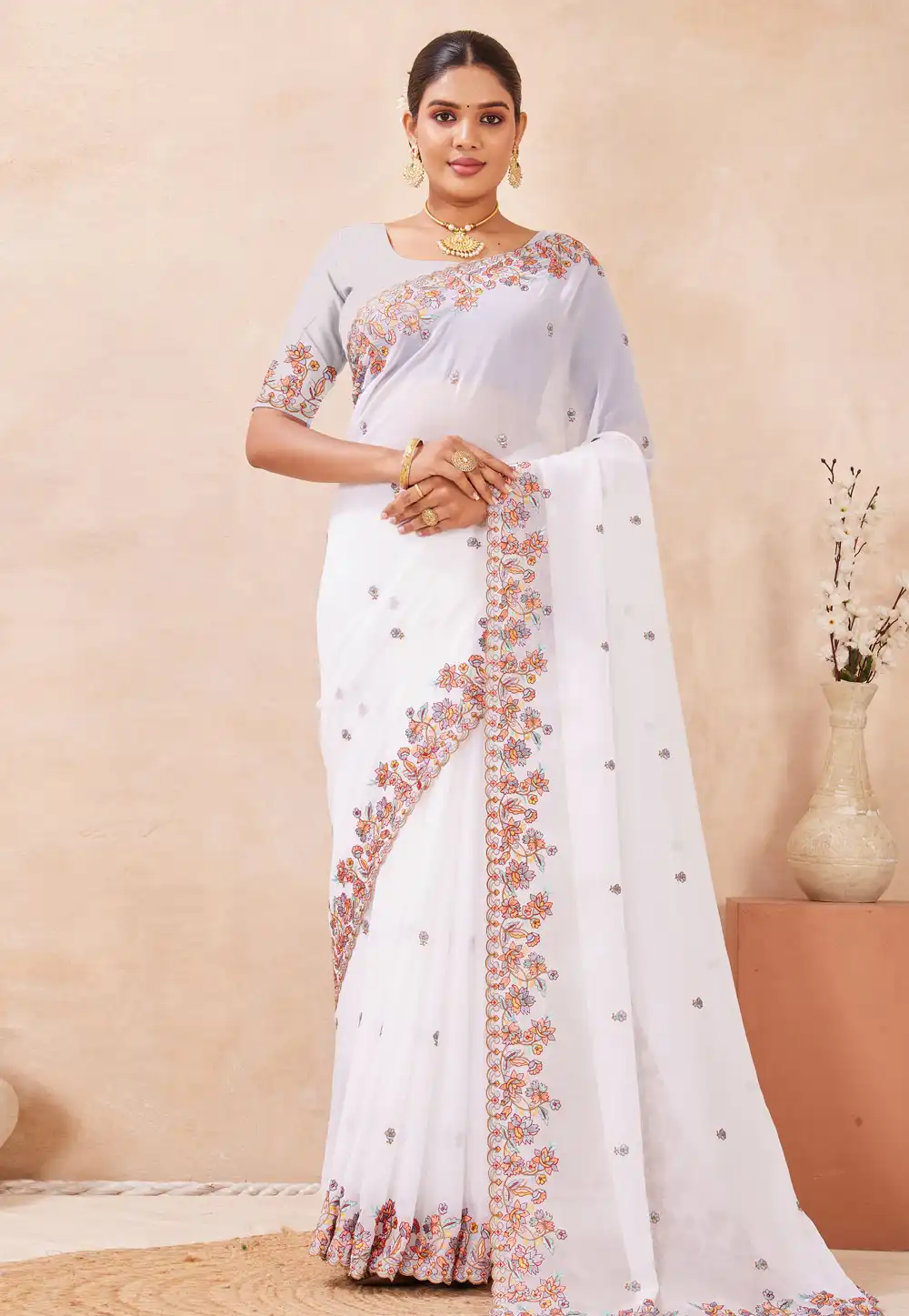 White Georgette Saree With Blouse 320013